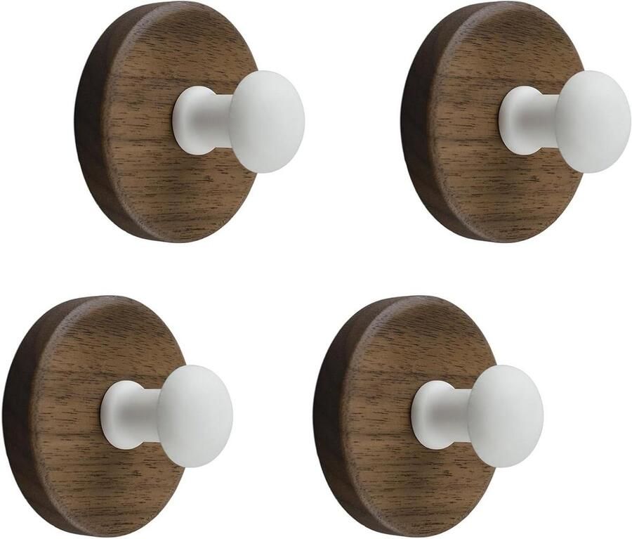Allecto plus Houten muurhaken 4 stuks walnoot Moderne decoratieve kapstok Rustieke zware organizer Entryway hangers Hoed portemonnee rugzak tas Witte staaf