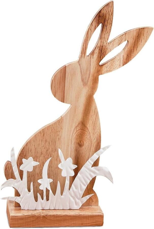 Allecto Plus Houten paashaasfiguren paasdecoratie moderne lentedecoratie voor tafel decoratieve figuur met bloemen tafeldecoratie voor Pasen houten decoratieve koos