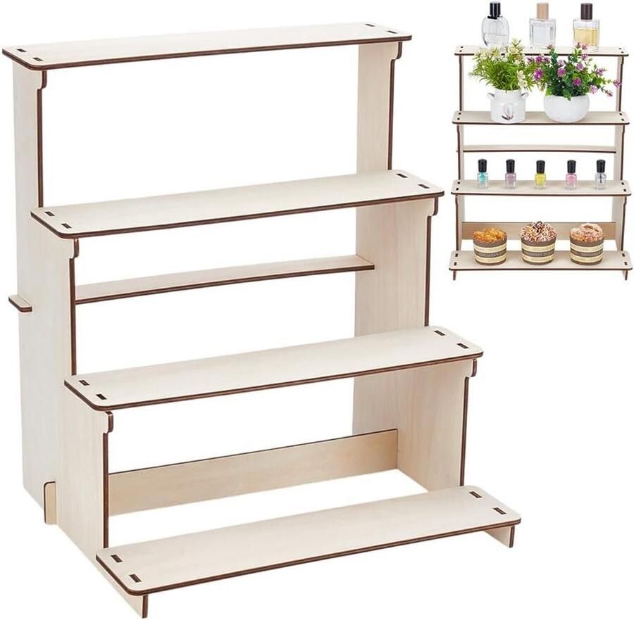 Allecto plus Houten Retail Display Stand met 4 Tiers en Planken voor Ambachtelijke Toontafels Wit Geschikt voor Markten en Beurzen