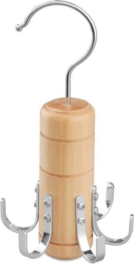 Allecto plus Houten riemhanger met 6 haken voor sjaals en stropdassen organizer Kast accessoires 360 graden draaibaar Houtkleurig Opbergrek met draaifunctie