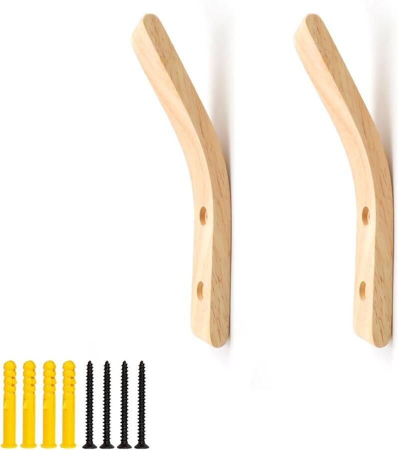 Allecto Plus Houten wandhaken 2 stuks voor garderobe met schroeven en expansiebuis ideaal voor slaapkamer woonkamer en kantoor kledinghaken wandhaken - Foto 2