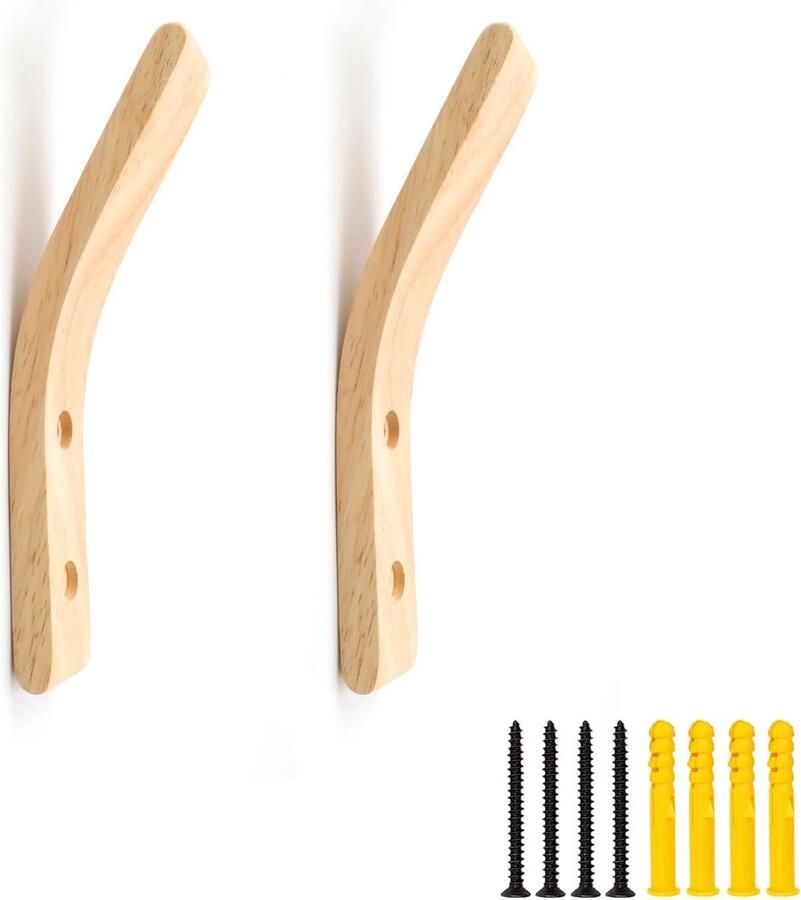 DEANKEJI Wooden Clothes Hooks 2 Pieces Wall Hooks Wardrobe Wall Hooks Wood with Screws and Expansion Tube Clothes Hooks Wardrobe for Bedroom Living Room and Office