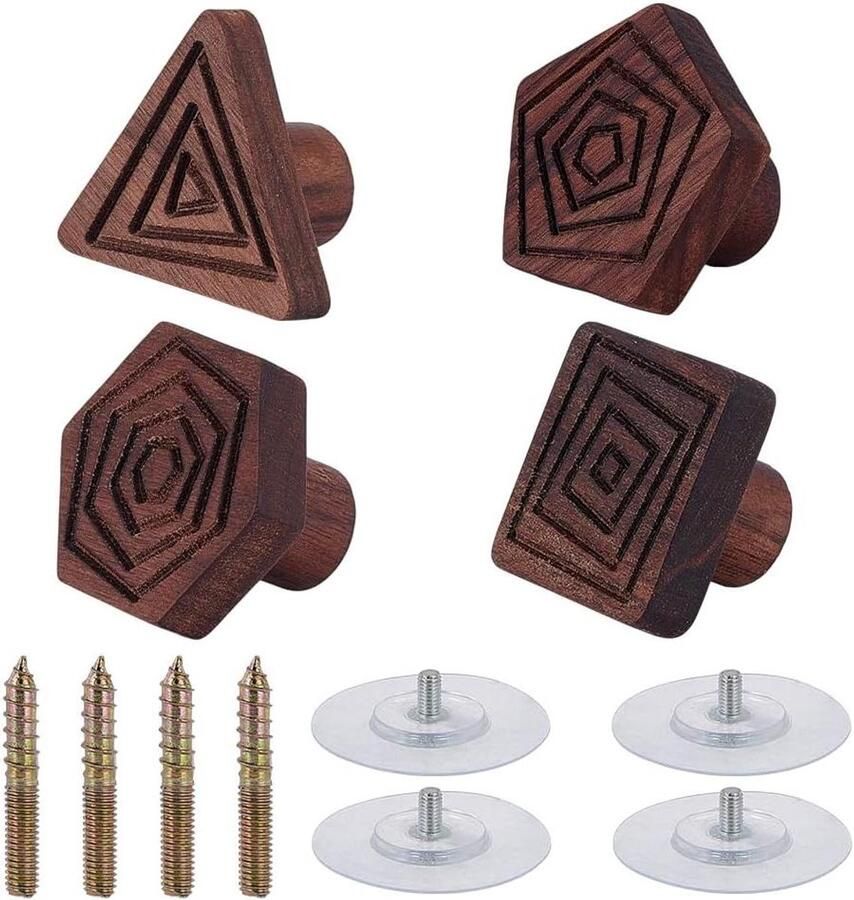 Allecto Plus Houten wandhaken kastgrepen geometrische vormen Set van 4 Slaapkamer Kasten Entree Hal Woondecoratie