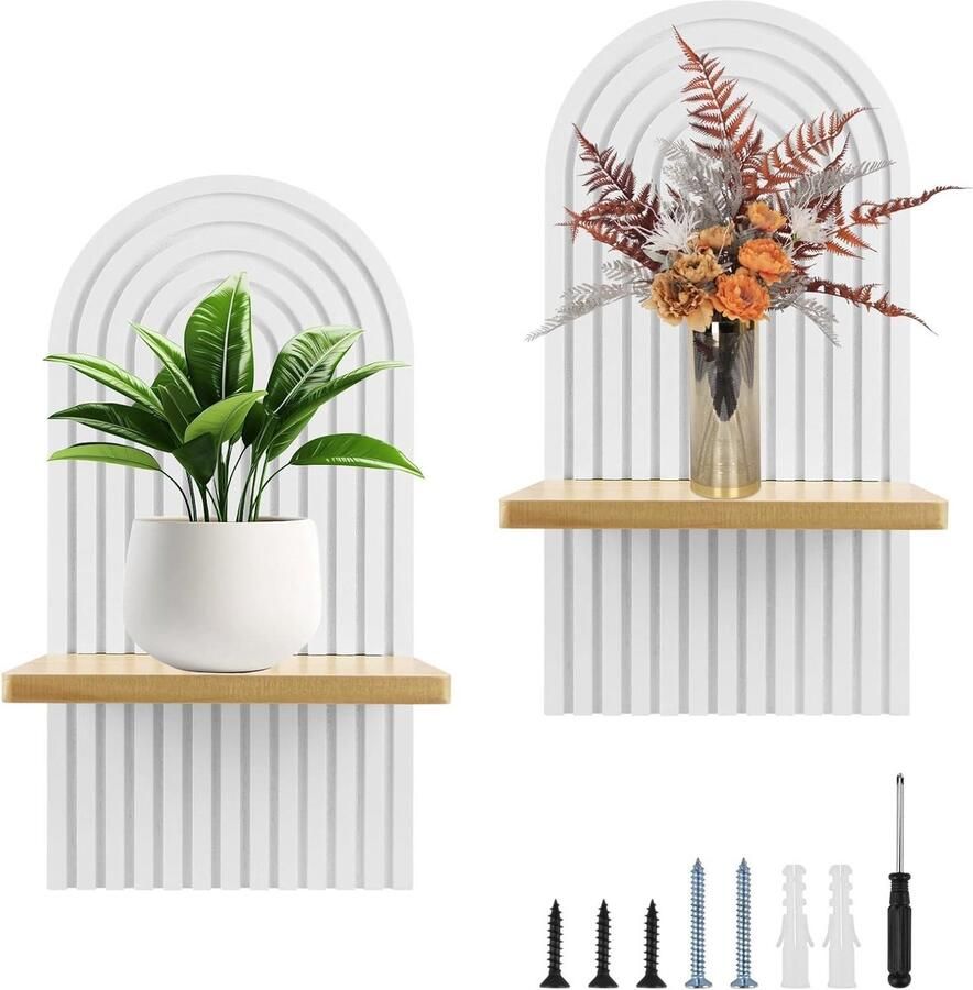 Allecto Plus Houten Wandplank Boho Stijl met 2 Planken voor Opslag en Decoratie in Kinderkamer Kantoor Woonkamer Slaapkamer