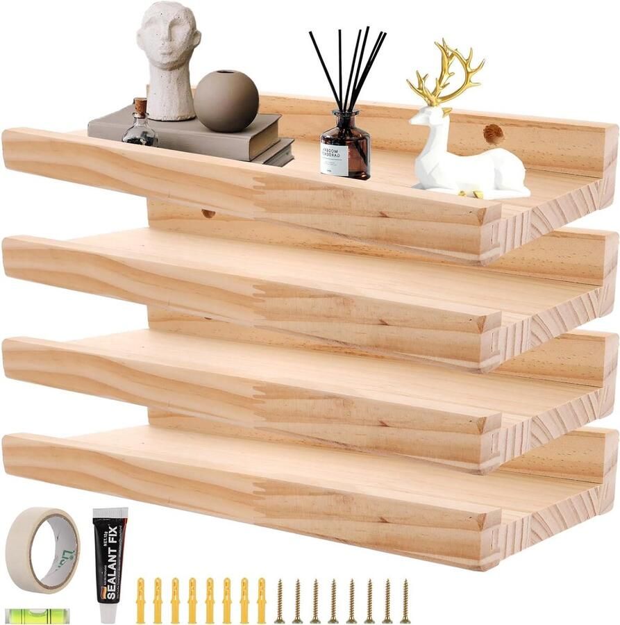 Allecto plus Houten Wandplanken Set van 4 Zwevend Wandrek Fotolijst Muurplank Woonkamer Keuken Slaapkamer Kind