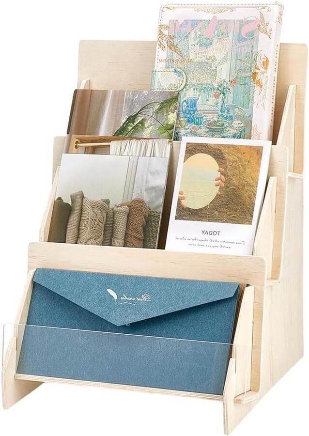 Allecto plus Houten wenskaart displaystandaard voor tafel Retail displays rek 3-laags ansichtkaarthouder Foto bladwijzer poststempel 10x9 6x13 inch