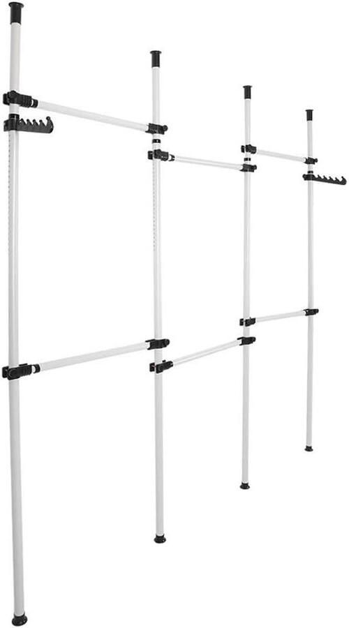 Allecto Plus In hoogte verstelbare kledingstandaard van ijzer met veerapparaat en draagbare kledingorganizer Garderobe DIY haken voor slaapkamer en woonkamer Schaalbaar Kledingstandaard voor kleding Handig gereedschap