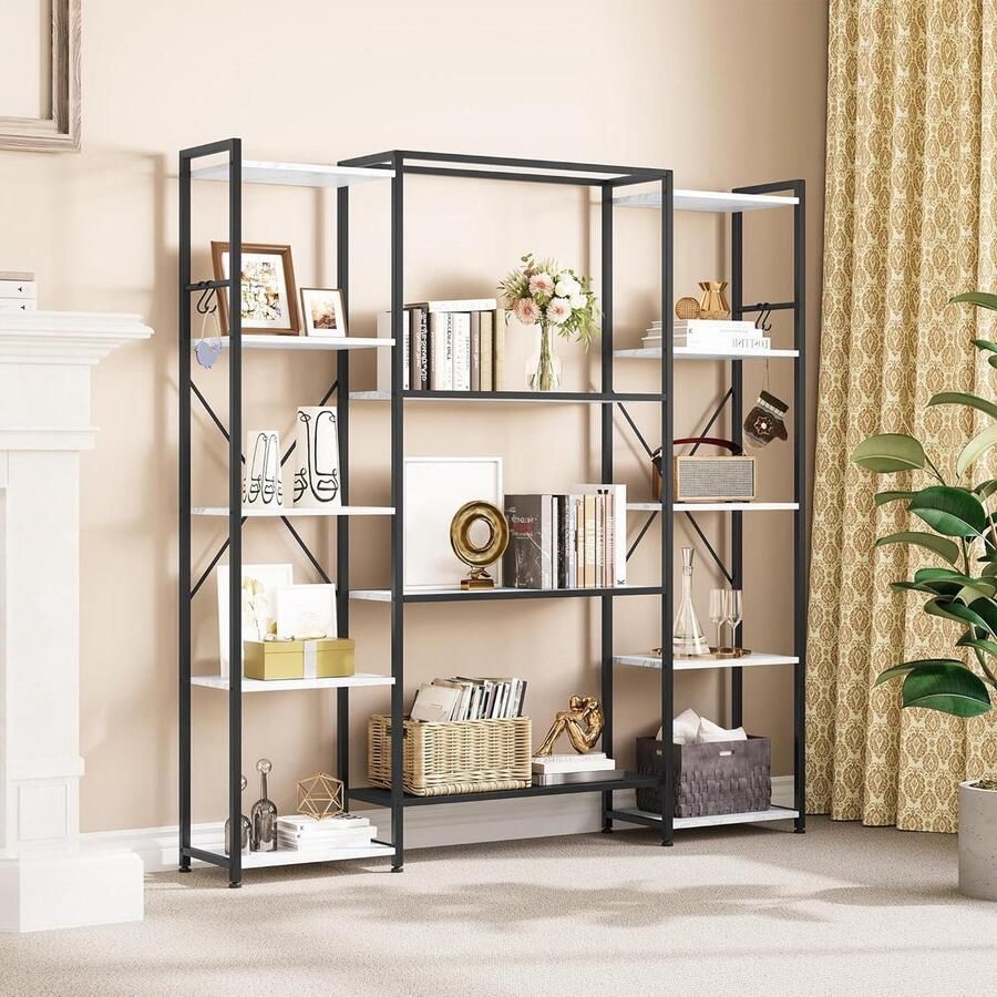 Allecto Plus Industriële Boekenkast met 13 Planken Houten en Metalen Frame Boekenrek voor Woonkamer en Thuiskantoor Marmertextuur Displayopbergrek