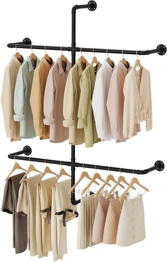 Allecto plus Industriële kledingstang met legplank voor wandmontage Metalen jassenrek voor slaapkamers Zwart met open kapstok