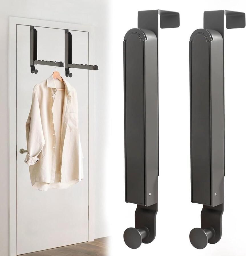 Allecto Plus Inklapbare deurkapstok met opvouwbare deurhaken – 2 stuks geschikt voor 6 kleerhangers uittrekbare verlengingen – geen boren nodig – opvouwbare kledinghaken