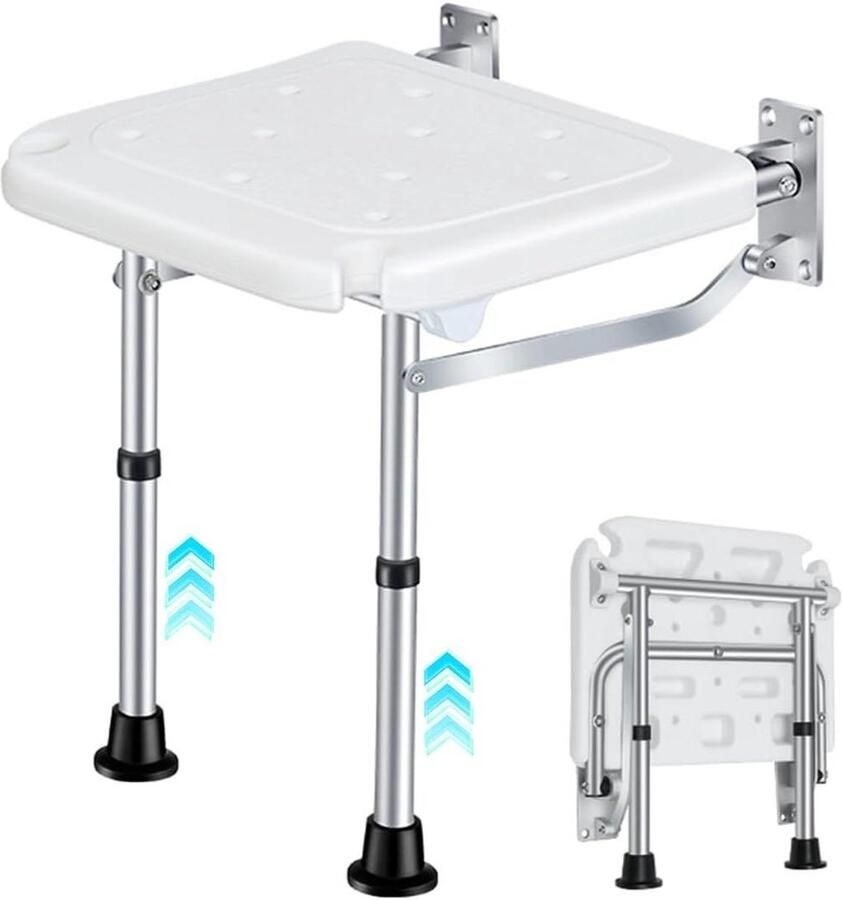 Allecto Plus Inklapbare douche-klapstoel voor wandmontage tot 160 kg Douche-klapstoel met steunpoten Geschikt voor ouderen zwangere vrouwen en gehandicapten