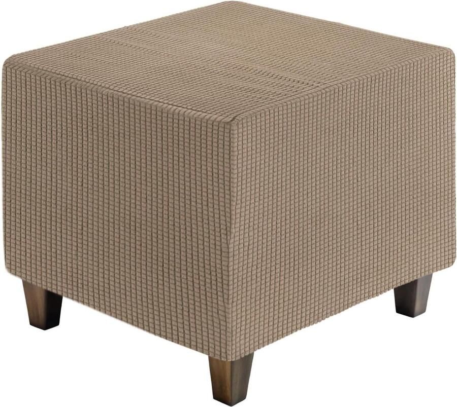 Allecto plus Jacquard Ottomaanse afdekking voor meubelbescherming in lichtbruin vierkant design met rekbare voetensteun woonkamer decoratie middelgroot formaat