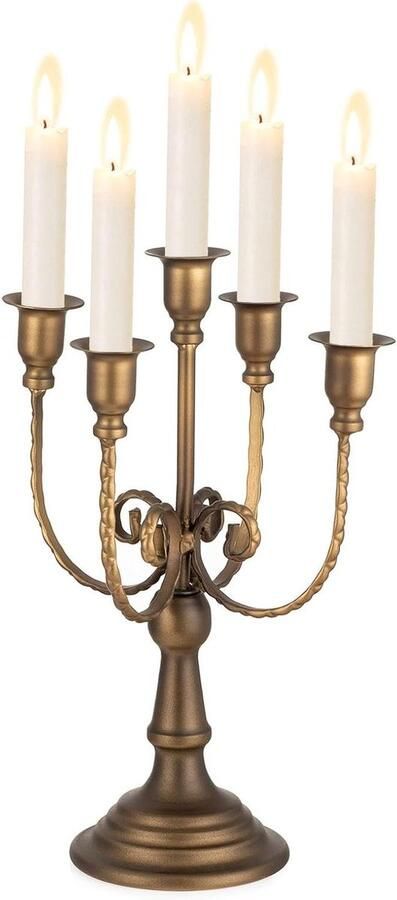 Allecto Plus Kaarsenhouder Vintage 29.5cm Brons Boerderij Metalen 5-Arms Stand Taper Kaarsen Diner Salontafel Decor