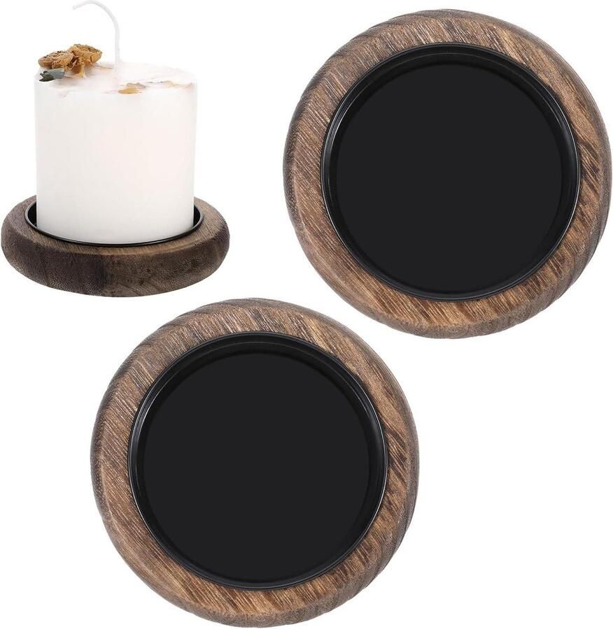 Allecto Plus Kaarsplaat Houder Tray Set van 2 Houten Plaat Ijzeren Onderzetters Decoratief Dienblad Vintage Centerpiece Kaarsenhouder Pijler Geurende Kaarsen Tafel Decoratie