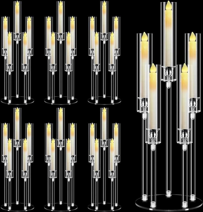 Allecto Plus Kandelaar van acryl met 5 armen 68 cm hoog Transparant Kerstopzetstukken voor tafels Kandelaars voor bruiloft en open haard Feestdecoratie Geschikt voor 22 cm led-kaarsen Set van 6 stuks