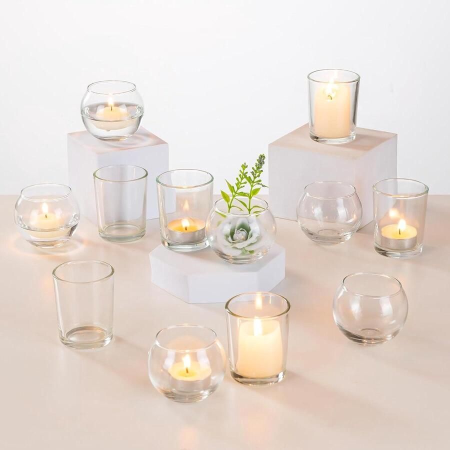 Allecto Plus Kandelaar van glas voor tafeldecoratie set van 24 theelichthouders ideaal voor bruiloft Kerstmis en woonkamer moderne votiefkaarsen windlichten decoratie voor tafel en adventskrans