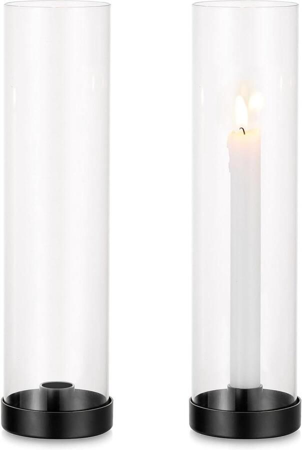 Allecto Plus Kandelaar zwart kaarsenhouder met glazen cilinder 2 metalen staafkaarsenhouders voor tafeldecoratie bij bruiloft feest en verjaardag. Geschikt voor Kerst en huiselijke eettafel