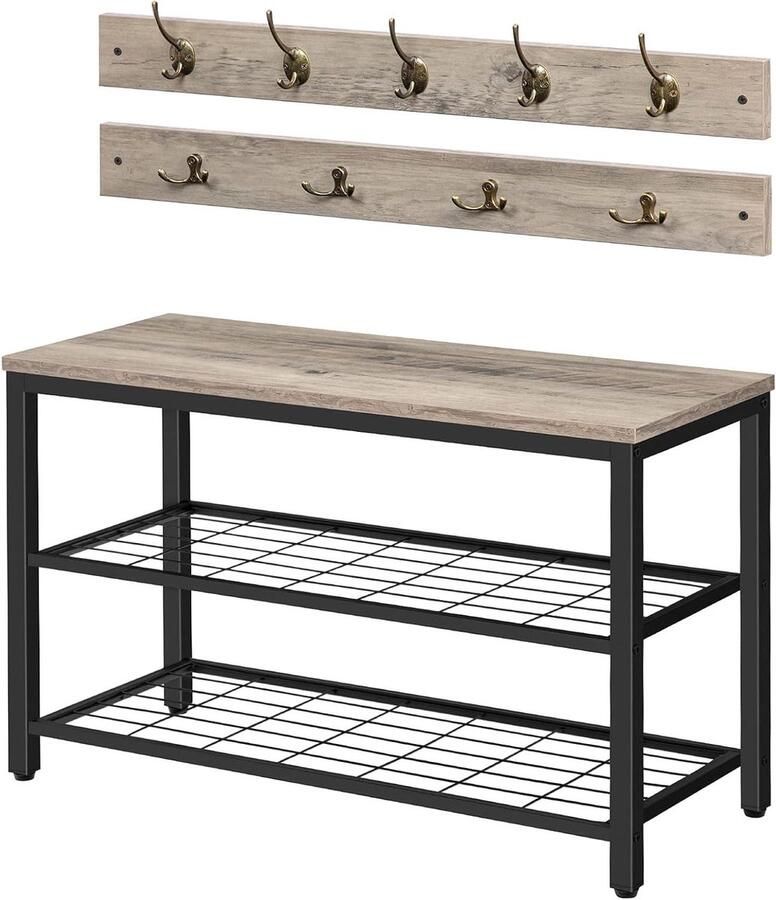 Allecto Plus Kapstok en Schoenenrek Set met Garderobe en Schoenbank Industrieel Design Ruimtebesparend Entryway Hal Meubel Kledingrek met Haken en Rasterplanken Bankje 9 Haken