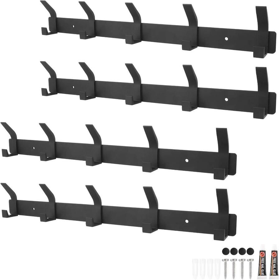 Allecto Plus Kapstok met kledinghaken voor wasruimte en slaapkamer Zwart 43 cm Muurjashouder met 5 haken Badkamer en keuken organizer