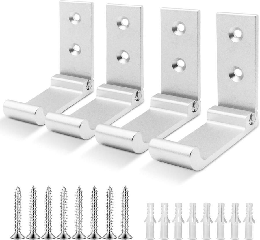 Allecto plus Kapstok voor Wandmontage Stompe Hoekontwerp 4-Delige Opvouwbare Aluminium Muurhaak met Schroeven Handig voor Tassen en Jashanddoeken Zilverkleurig