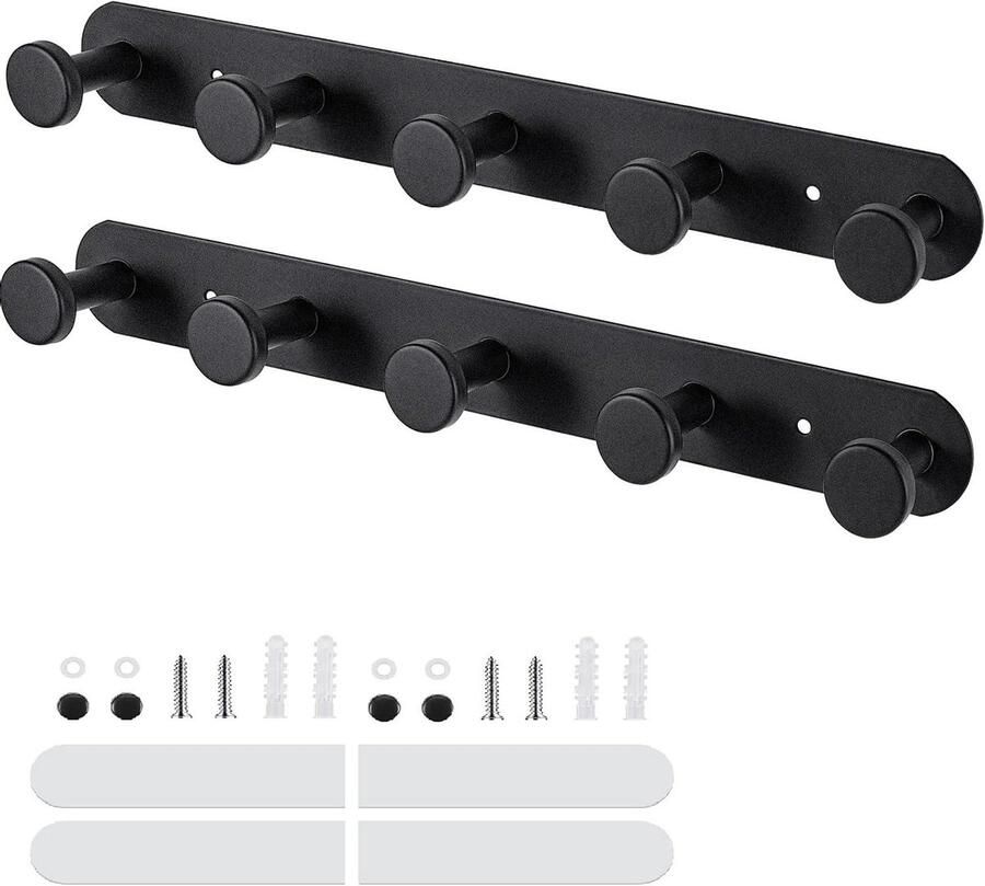Allecto Plus Kapstokhaakjes Zwart Set van 2 Zelfklevend Kledinghaakjes voor Badkamer Slaapkamer Deur 5 Haken Robuust en Stijlvol