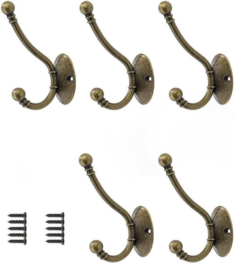 Allecto Plus Kapstokhaken set van 5 stuks in bronzen vintage stijl voor jassen en tassen met schroeven