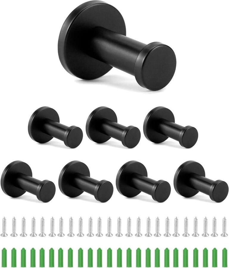 Allecto plus Kapstokhaken zwart 55 mm set van 8 haken RVS badkamer keuken studeerkamer