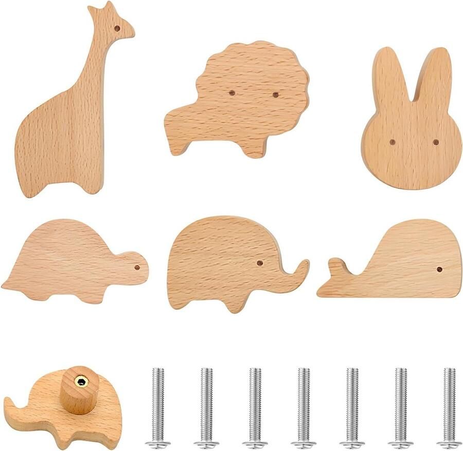 Allecto Plus Kast Knoppen voor Kinderkamer 6 Stuks Dier Houten Lade Handvat Diervorm Meubelknoppen Deur Grepen Knoppen in Diermotieven met Schroeven Decoratieve Kastgrepen voor Kindermeubels