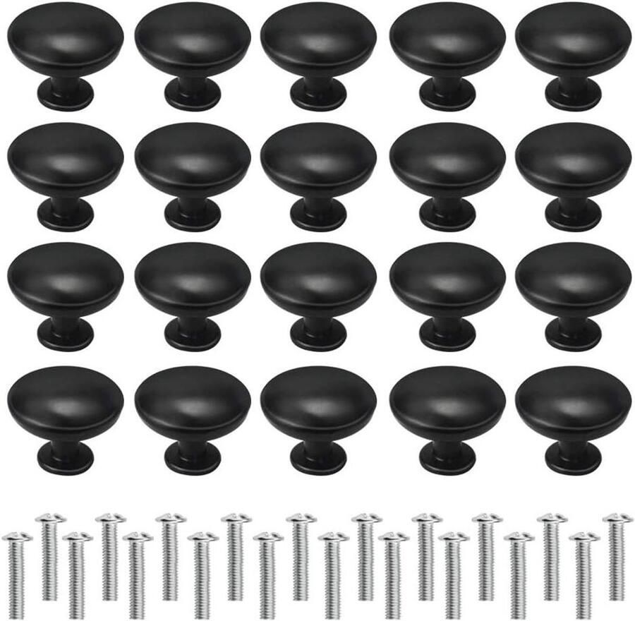 Allecto plus Kastdeurknoppen 20 stuks in zwart Meubelknoppen voor kasten met schroeven