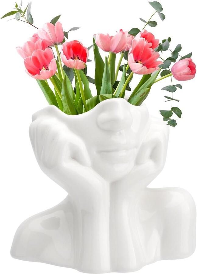 Allecto Plus Keramische bloemenvaas met gezicht 19 x 9 cm Witte tulpenvaas voor woonkamer decoratie Moderne esthetische bloempot Vazendecoratie met tafeldecoratie voor bureau Stijlvolle keramische vaas
