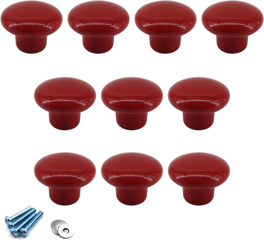 Allecto Plus Keramische ronde knoppen voor kinderkamer dressoir Rood Set van 10 met schroeven