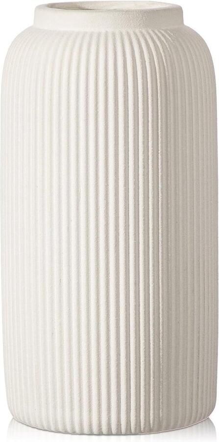 Allecto Plus Keramische Vaas 24cm Roomwit Mat Rond Geribbeld Moderne Boho Woondecoratie voor Woonkamer Tafel Slaapkamer