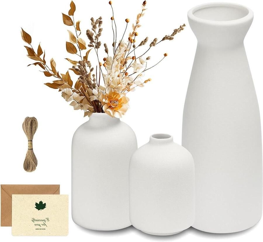 Allecto Plus Keramische Vaas Set van 3 stuks voor Modern Home Decor Witte Vaas voor Pampasgras Verse Bloemen en Droogbloemen Decoratieve Vaas voor Bruiloft Eettafel Kantoor en Slaapkamer
