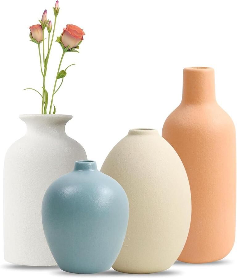 Allecto Plus Keramische vazenset met 4 kleurrijke mini-vazen voor moderne woondecoratie pampasgras decoratieve vazen voor woonkamer plankdecoratie eettafel boekenkast schoorsteenmantel en entree