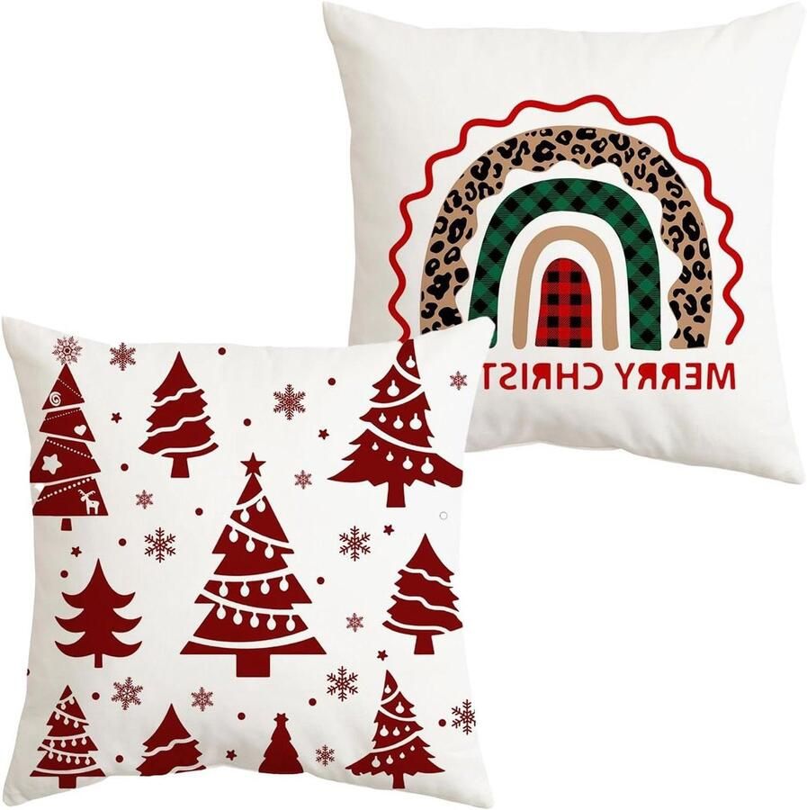 Allecto Plus Kerst Kussenhoes Set van 2 45 x 45 cm Wit Kerstboom en Bloem Motief Winter Kerst Kussenhoes Vierkant Linnen Kussenhoes voor Bank Auto Woonkamer Thuis Decoratieve Sierkussenhoes Tijdens de Feestdagen