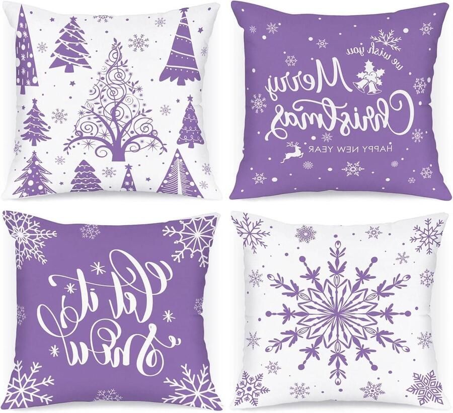 Allecto Plus Kerst kussenhoezen set van 4 Decoratieve kussenslopen voor thuis 45x45 Slaapkamer Bank decoratie Vakantie Wit en paars 75x45 cm