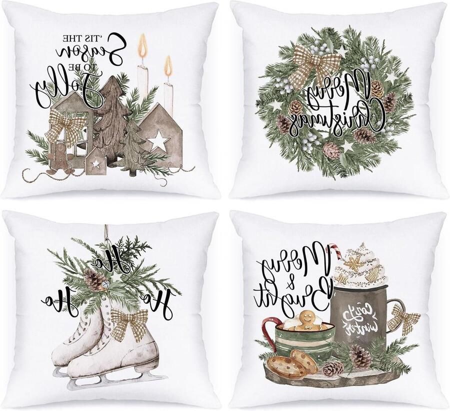 Allecto plus Kerst Kussenhoezen Set van 4 Peperkoek Mannen Huis Krans Decoratieve Vakantie Kussensloop Binnen Huis Bank Kerst Decor 50x50