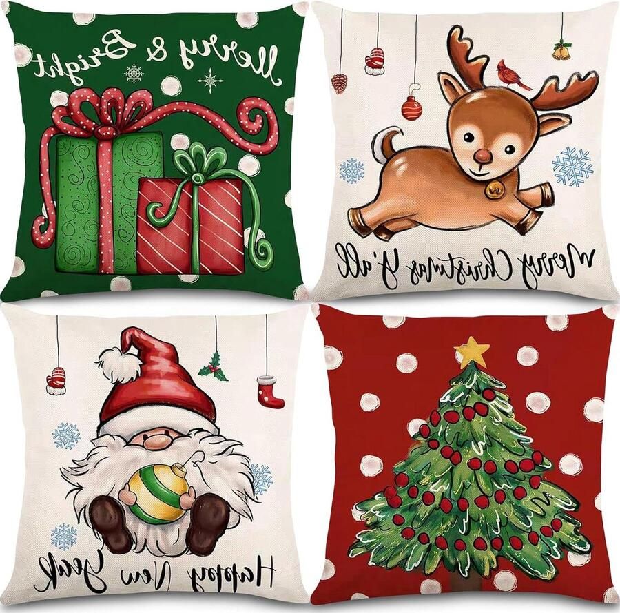 Allecto plus Kerst kussenslopen in rood en groen met kerstman en rendier Set van 4 Decoratieve sierkussens voor slaapbank Linnen Kerstdecoraties Afmetingen 45 x 45 cm