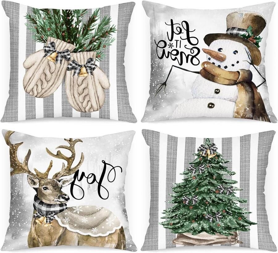 Allecto plus Kerst Kussenslopen Set van 4 Elanden Pluche Winter Decoratieve Vakantie Slaapkamer Bank Xmas Decor 50x50 cm