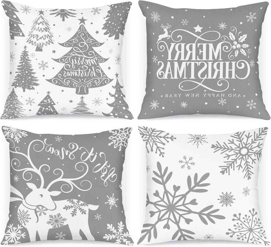 Allecto plus Kerst Kussenslopen Set van 4 Herten Sneeuwvlok Winter Decoratief Grijs 50x50 Vakantie Xmas Decoratie voor Huis Sofa Bank