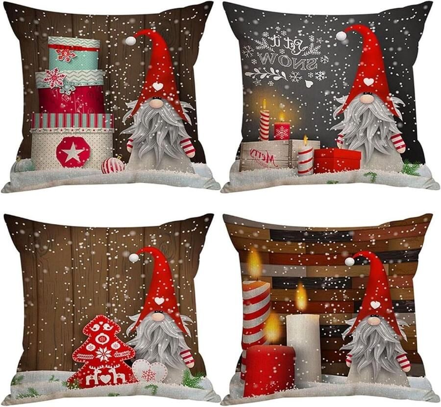 Allecto plus Kerst Kussenslopen Set van 4 Kerstdecoraties Xmas Decor Rode Linnen Kussenhoes Bank Huismeubels 45 x 45 cm Grijs Feestelijke Kerstversiering
