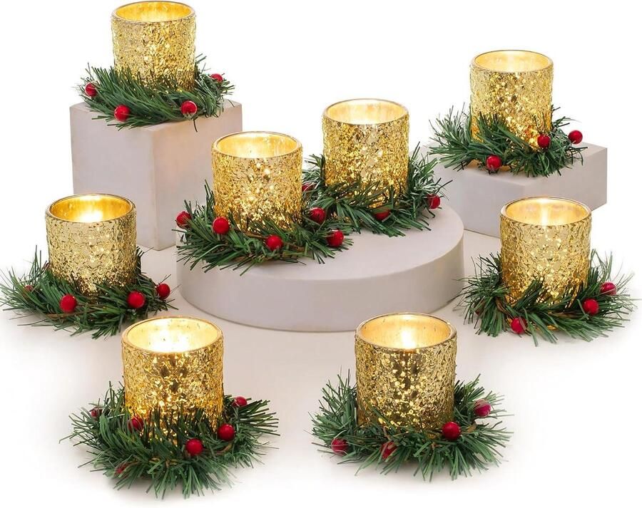 Allecto Plus Kerstkaarsenhouder voor tafel 12 stuks glazen theelichtkaarsenhouders met kransring kerstdecoraties feest woondecoratie votiefkaarsenstandaard voor Kerstmis bruiloft