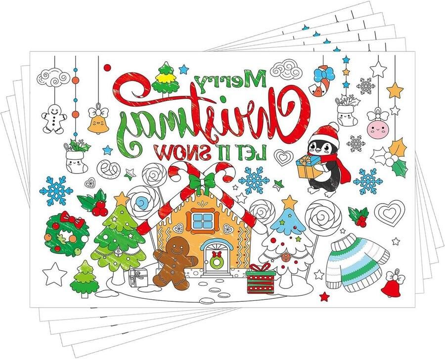 Allecto Plus Kerstkleurplacemats voor Kinderen Set van 24 stuks Papieren Tafelplacemats met Kerstthema Sneeuwman Grappige Kerstdecoratie voor Kindertafel Feestelijke Tafelbenodigdheden