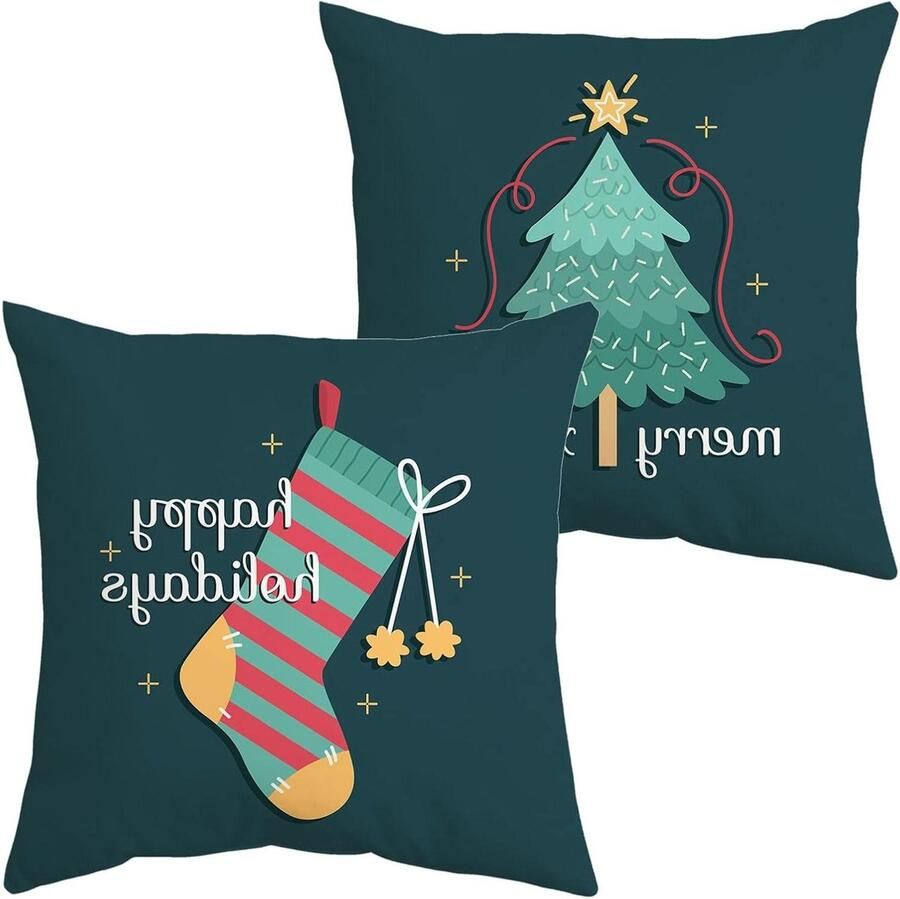 Allecto Plus Kerstkussenhoezen 45 x 45 cm Groen Christmas Tree en Sokken Winter Vierkante Linnen Kussensloop voor Bank Auto Woonkamer Thuis Binnen Set van 2stuks