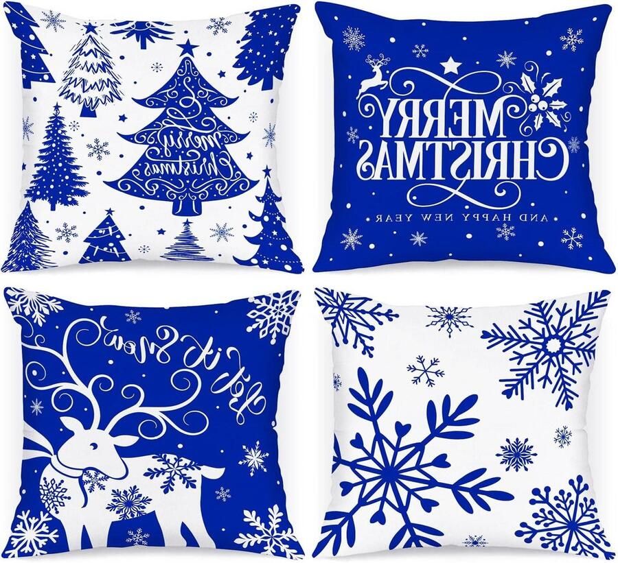 Allecto plus Kerstkussenslopen set van 4 stuks in donkerblauw Winterdecoratie met cartoonherten en sneeuwvlokken 40 x 40 cm Voor binnen huis bank Kerstdecoratie Vakantie kussenslopen