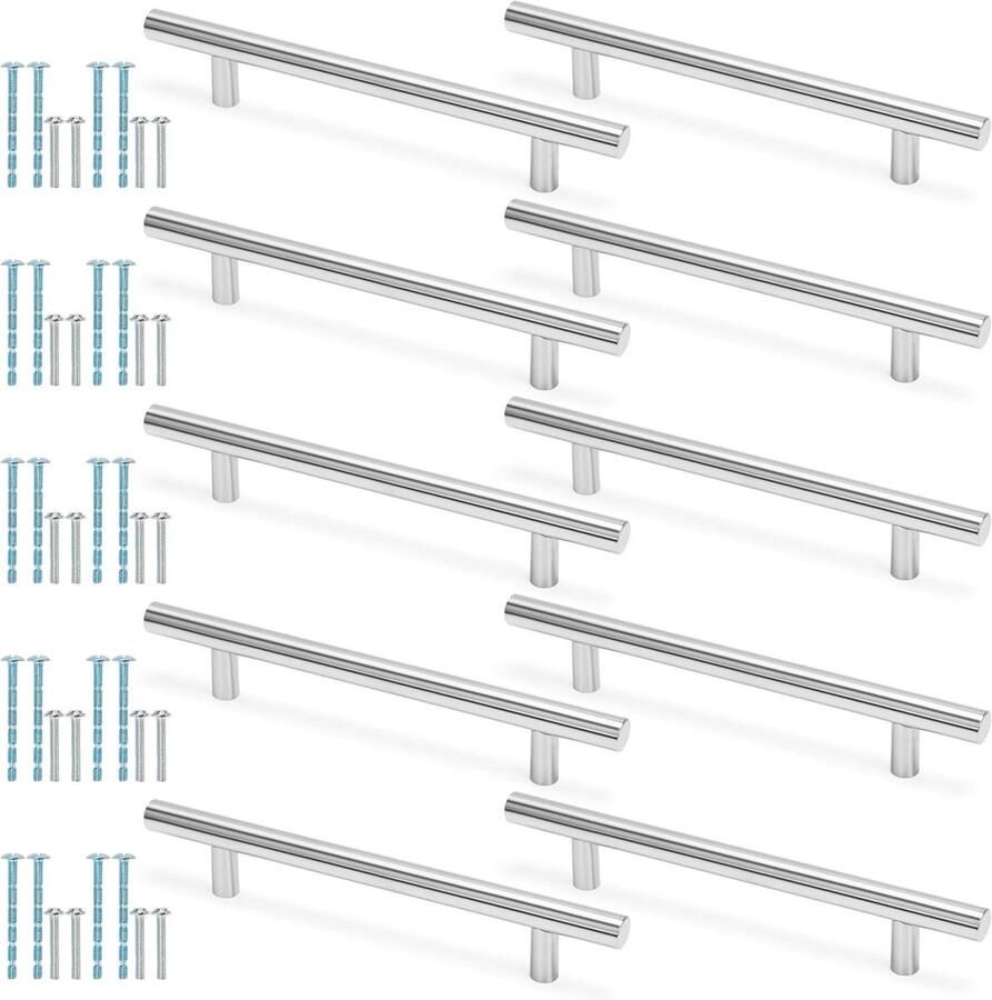 Allecto plus Keukenkast Handgrepen (10 Stuks) 128mm Gat Afstand 190mm Lengte Zilveren T-Bar Trekknoppen voor Lade of Kastdeur