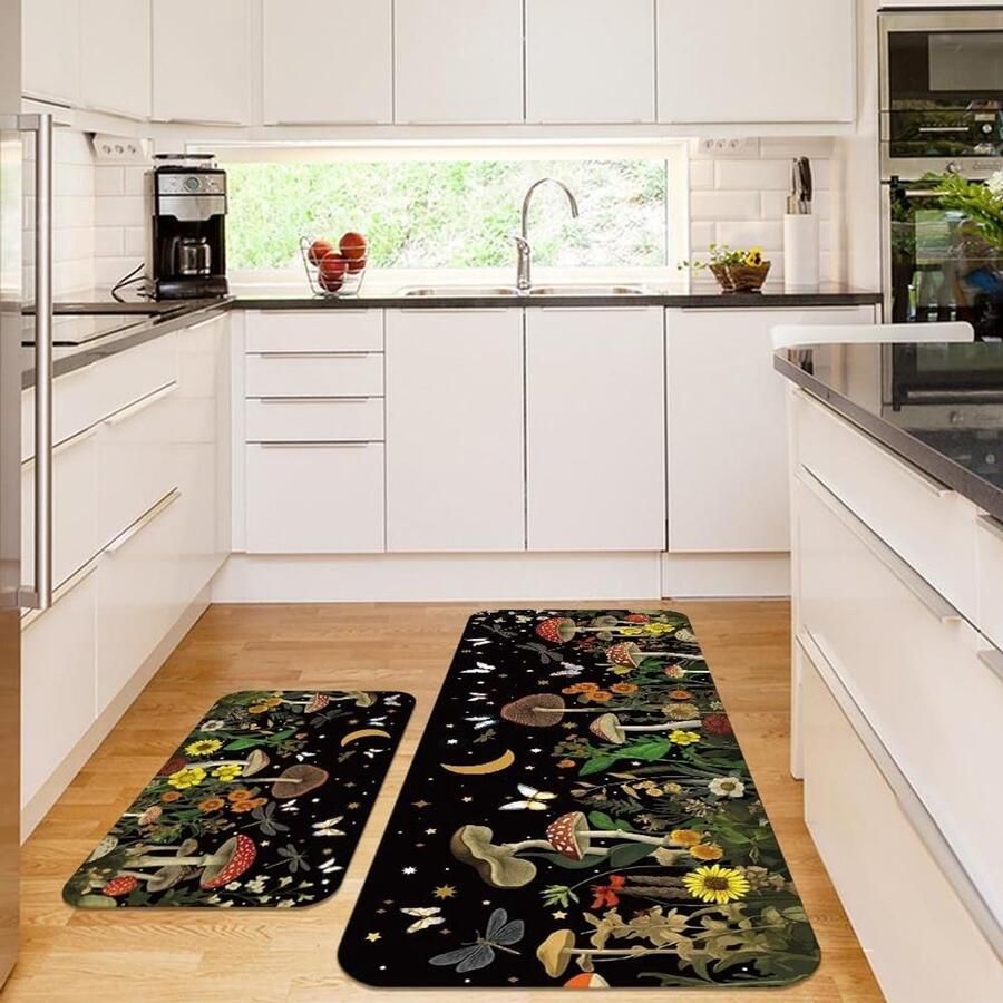Allecto plus Keukentapijten Set van 2 Paddestoelthema Vlinder en Plantenpatroon Antislip Tapijt Rubberen Achterkant Ingangstapijt Gewatteerd Staande Tapijten Thuisvloer 90cm
