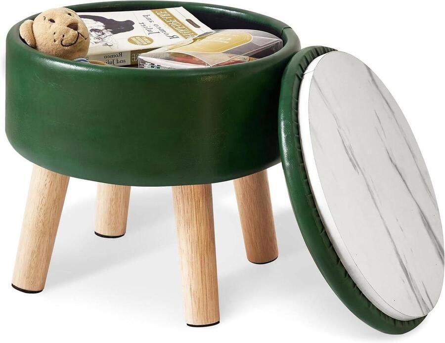 Allecto Plus Klassieke 13 inch opslag poef met gewatteerde zitting en houten poten voor woon- en slaapkamer Donkergroen met PU kunstleer. Voetsteun met opbergruimte voor extra functionaliteit