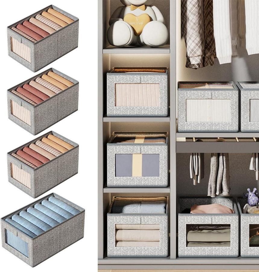 Allecto Plus Kleding Opbergdozen Set van 4 Opvouwbare Lade Organizers Grijs Verschillende Maten Wasbaar Met Handvat Transparant Venster Voor Broeken Shirts en Jeansregistratie