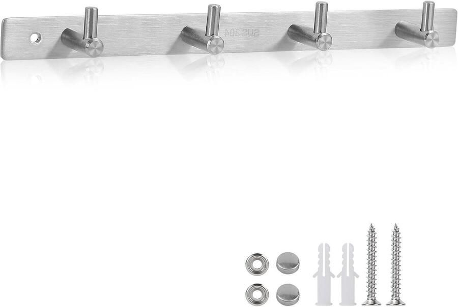 Allecto Plus Kledinghaken Haaklijst Met 4 Haken van Roestvrij Staal Voor Handdoeken Mutsen en Keukengerei Wandgarderobehaken Met Boren Ruimtebesparende Handdoekhouder